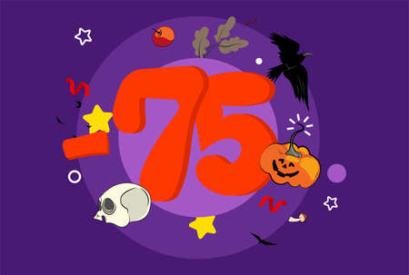 Holiday discount banner for Autumn, Halloween sale with lantern orange pumpkin, maple leaves, bats...