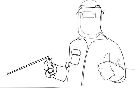 Male in face mask welds with argon arc welding. Welder mounts in the trunk pipeline electrochemical protection. Vector illustrationのイラスト素材