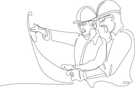 architects at a construction site looking at plan. View of a Worker and architect watching some details on a construction. Vector illustrationのイラスト素材