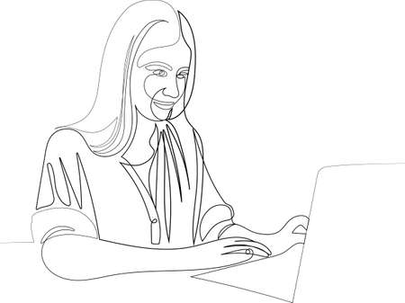 Attractive businesswoman studying online, using laptop software, web surfing information or shopping in internet store. Businesswoman interviewing distance applicant job online minimalism Line conceptのイラスト素材