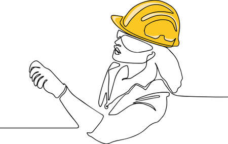 Continuous one line drawing of Industry maintenance engineer wearing uniform and safety helmet under inspection by tablet. Minimal outline conceptのイラスト素材