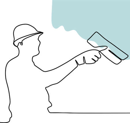 Young builder. A man with a spatula. The young man is a builder by profession. Line minimalism. Vector illustrationのイラスト素材