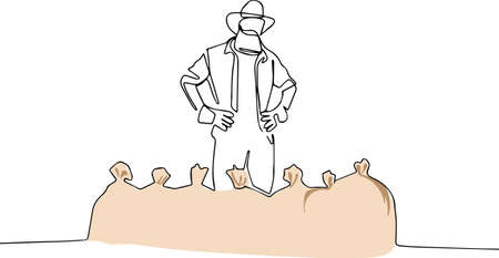 Continuous one line drawing of farmer posing with burlap sacks. Minimal outline concept. Vector illustrationのイラスト素材