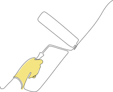 Continuous one line drawing of human hand holds paint brushes with paint can, floor painting, blank...