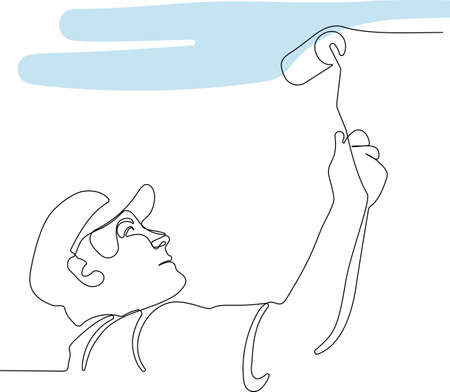 Continuous one line drawing of human hand holds paint brushes with paint can, floor painting, blank space for your text, banner, advertisement or your design minimal outline. Vector illustrationのイラスト素材