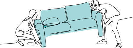 Continuous one line drawing of Young couple man and woman move sofa moving new furniture renovation. Vector illustrationのイラスト素材