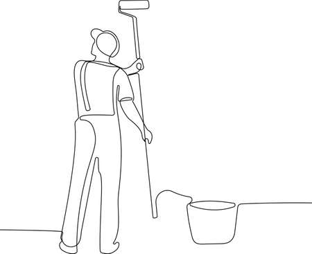 Continuous one line drawing of human hand holds paint brushes with paint can, floor painting, blank space for your text, banner, advertisement or your design minimal outline. Vector illustrationのイラスト素材