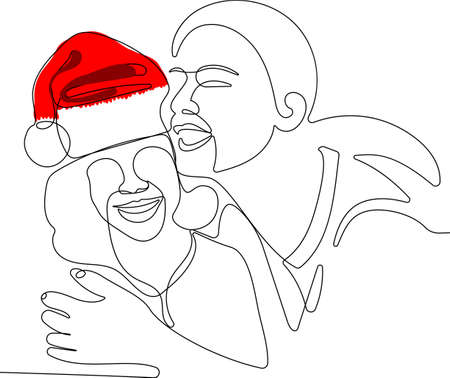 New 2022 Year is coming. Happy family celebrate new year merry christmas in santa hat. Young family celebrating Christmas at home together.のイラスト素材
