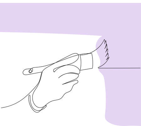 Continuous one line drawing of human hand holds paint brushes with paint can, floor painting, blank space for your text, banner, advertisement or your design minimal outline. Vector illustrationのイラスト素材