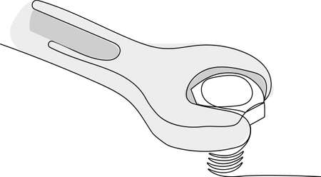Continuous one line drawing of wrench tightens bolt in steel billet spanner bolt screw and nuts. Vector illustration. Vector illustrationのイラスト素材