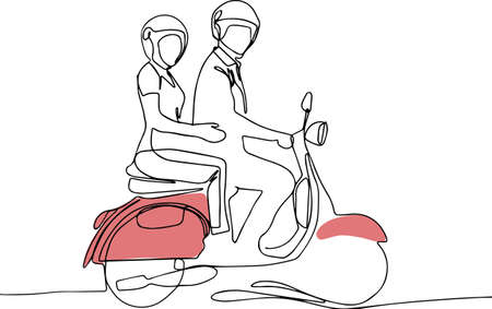Continuous one line drawing of full length profile shot of young male and female riding on a vintage motorbike and wearing helmets. Vector illustrationのイラスト素材