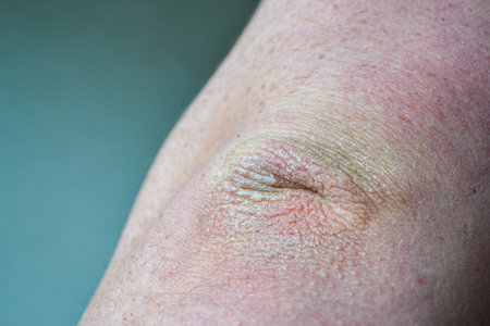 Close up dry flaky skin on elbow, caused by psoriasis. High quality photoの写真素材