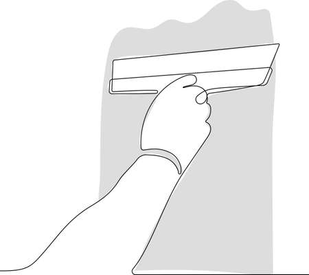 Continuous one line drawing of human hand holds paint brushes with paint can, floor painting, blank space for your text, banner, advertisement or your design minimal outline. Vector illustrationのイラスト素材