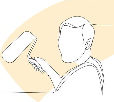 Continuous one line drawing of painter wearing a hat and gloves painting the wall using roller for your design minimal outline. Vector illustrationのイラスト素材