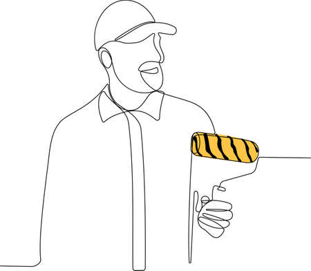 Continuous one line drawing of painter wearing a hat and gloves painting the wall using roller for your design minimal outline. Vector illustrationのイラスト素材