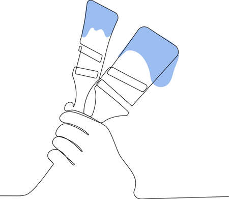 Continuous one line drawing of human hand holds paint brushes with paint can, floor painting, blank space for your text, banner, advertisement or your design minimal outline. Vector illustrationのイラスト素材