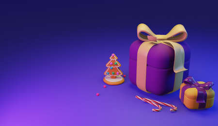 merry christmas and new year 2022 presents concept. Gift box on background. Greeting card, poster, banner template. top view. flat lay. 3D illustrationの写真素材