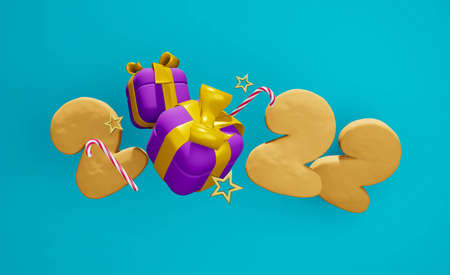 New 2022 Year is coming. Two gifts and gingerbread numbers, candy and golden stars on blue...