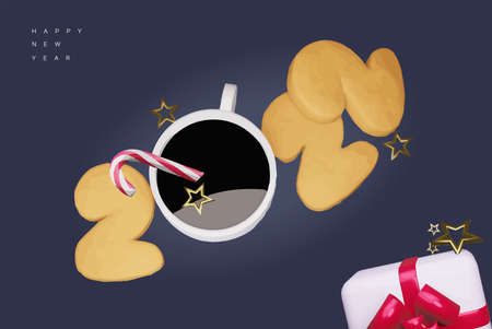 New 2022 Year is coming. Coffee and gingerbread numbers, candy and golden stars on red background. 3d illustrationのイラスト素材