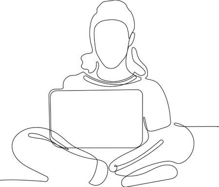 Continuous line drawing of a woman using laptopsitting in office or home workplace. Vector illustrationのイラスト素材