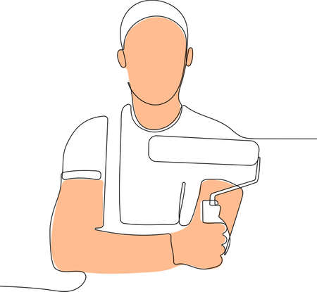 Continuous one line drawing of confident professional male painter in workwear with paint roller for your design minimal outline. Vector illustrationのイラスト素材