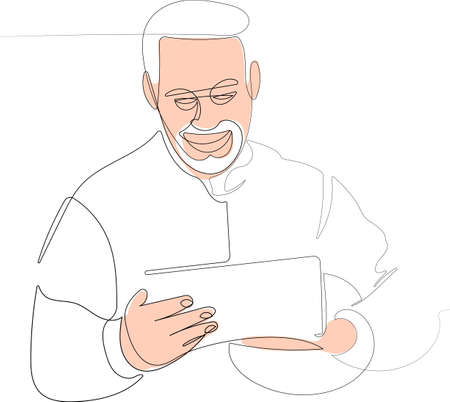 Continuous line drawing of dedicated young caucasian worker with helmet under the armpit using tablet. Vector illustrationのイラスト素材
