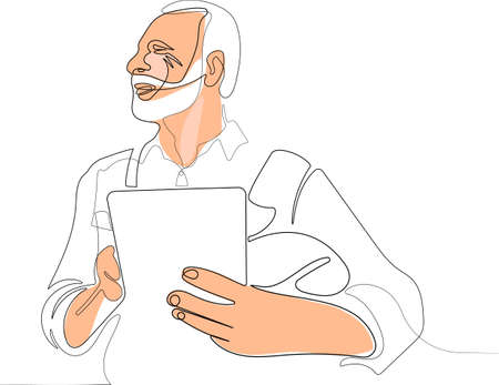Continuous line drawing of a experienced engineer and construction manager at work a older man with wears a work suit. Vector illustrationのイラスト素材