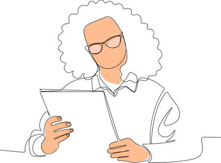Vector illustration. Continuous line drawing of loan officer negotiating with bank client about credit application business entities parties or job interview concept hr manager interviewing woman.のイラスト素材
