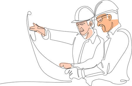 Continuous line drawing of a architects at a construction site looking at construction plan. Vector illustrationのイラスト素材