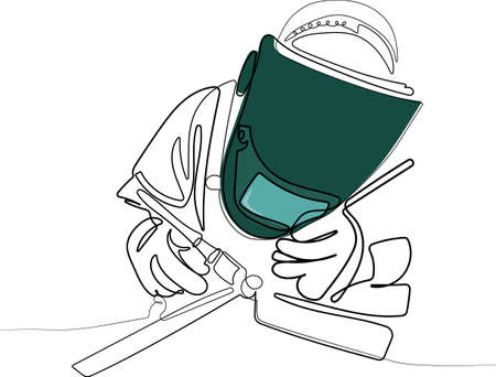 Continuous one line drawing of a male in face mask welds with argon arc welding. Welder mounts in the trunk pipeline electrochemical protection. Vector illustration. Vector illustrationのイラスト素材