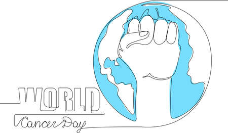 Continuous one line drawing of ribbon with a globe planet earth as symbol of world cancer day closeup. Outline minimal concept. Vector illustrationのイラスト素材