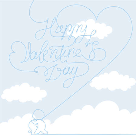 Continuous one line drawing of romantic creative composition. Happy Valentine's Day. Festive decorative objects, heart shaped balloons and cute cupid as symbol Valentine's Day. Outline minimal conceptのイラスト素材