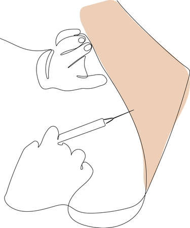 Continuous one line drawing of Medicine doctor and vaccine dose flu shot drug syringe in laboratory, microbiology and pharmaceutical research, medical and healthcare.のイラスト素材