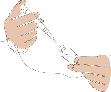 Continuous one line drawing of Medicine doctor and vaccine dose flu shot drug syringe in laboratory, microbiology and pharmaceutical research, medical and healthcare.のイラスト素材