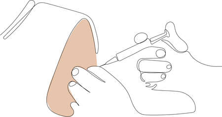 Continuous one line drawing of Medicine doctor and vaccine dose flu shot drug syringe in laboratory, microbiology and pharmaceutical research, medical and healthcare.のイラスト素材