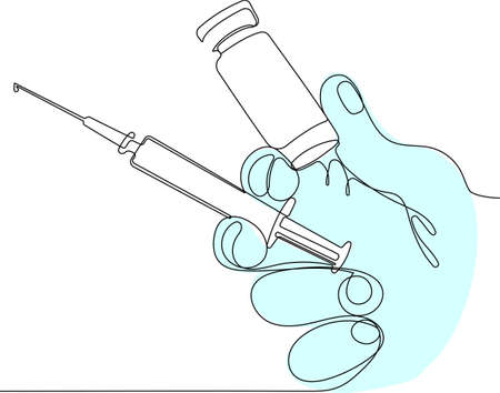 Continuous one line drawing of Medicine doctor and vaccine dose flu shot drug syringe in laboratory, microbiology and pharmaceutical research, medical and healthcare.のイラスト素材