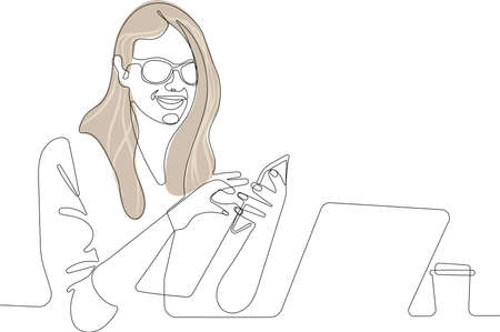One continuous line is the concept. Vector illustration. Continuous line drawing of focused young woman using laptop typing on keyboard writing email or message for your design minimalのイラスト素材