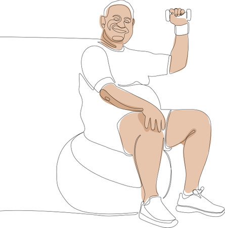 Minimal outline concept of mature man smiling and sitting on a fitness ball and holding a small dumbbell. Continuous one line drawing of outline. Vector illustrationのイラスト素材