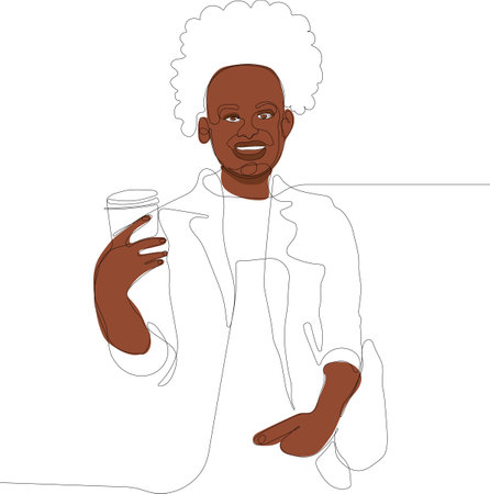 Continuous one line drawing of female in jacket keeping one hand in pocket and drinking lemonade. Attractive girl looking at camera, smiling and posing. Minimal outline concept. Vector illustrationのイラスト素材