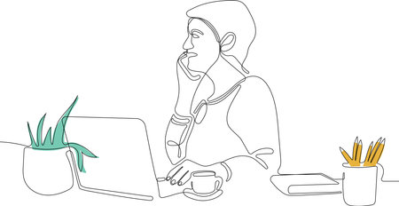 One continuous line is the concept. Vector illustration. Continuous line drawing of focused young woman using laptop typing on keyboard writing email or message for your design minimalのイラスト素材