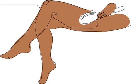 Continuous one line drawing of outline of pretty redhead girl massages the skin of her legs with a brush for a dry massage. Vector illustrationのイラスト素材