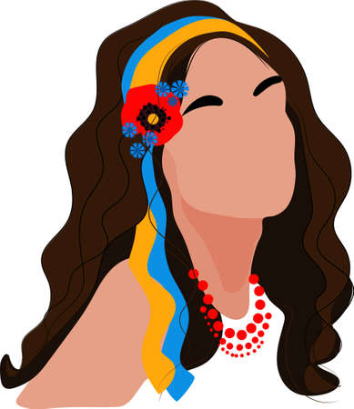 Girl wearing national costume. Ukrainian girl in traditional clothes in a wreath with blue and yellow ribbons on the blue background. Vector illustration. Vector illustrationのイラスト素材