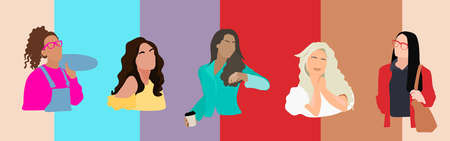 Female spring style portraits. Young women avatars with flowers in hair. Cartoon flat girl...