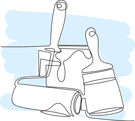 Continuous one line drawing of set of painting plastering tools for builders. Measuring Construction Tool in one line. Construction tool. Vector illustrationのイラスト素材