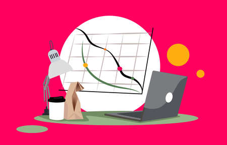 Desktop with modern devices and office stationery. Workspace. Home workplace. Laptop on table decorated with room. Vector illustrationのイラスト素材