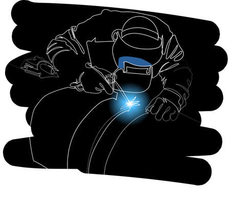 Welder mounts in the trunk pipeline electrochemical protection Vector illustration. Young man welder in brown uniform welding mask and welders leathers weld metalのイラスト素材
