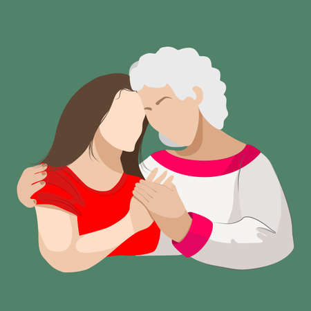 Wishing woman or grandmother hugs a young woman by the shoulders, who can beat her daughter or granddaughter. Love and care. Female friendshipのイラスト素材
