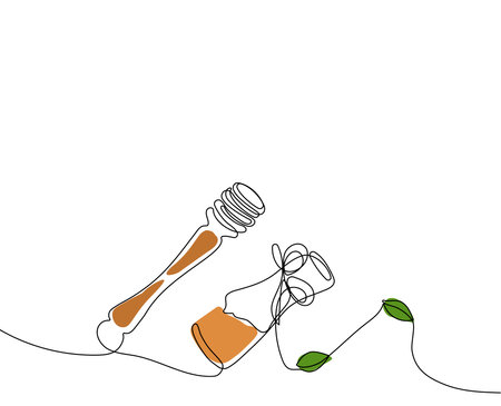 Continuous drawing of one line of bottles with oil or honey or lemon or lime juice for scrubbing and body skin care with natural herbal skin care products, top view of ingredients. Vector illustrationのイラスト素材