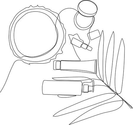 Continuous drawing of one line of bottles with oil or honey or lemon or lime juice for scrubbing and body skin care with natural herbal skin care products, top view of ingredients. Vector illustrationのイラスト素材