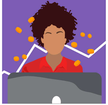 Happy successful businesswoman work online on laptop receive good financial income from web trading. Smiling woman freelancer get paid in internet, get dividend from investment. Vector illustrationのイラスト素材